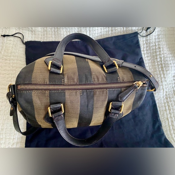 Fendi Bauletto Boston Speedy Pequin Black Golden Brown Crossbody Bag - Picture 3 of 16